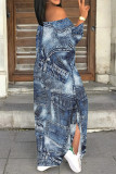 Casual Street Faux Denim Print Lace Up Slit Contrast Off Shoulder Printed Dresses