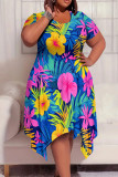 Casual Print Patchwork O Neck Irregular Plus Size Dresses