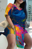 Casual Print Slit V Neck Short Sleeve Two Pieces