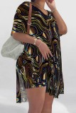 Casual Print Slit V Neck Short Sleeve Two Pieces