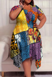 Casual Print Patchwork O Neck Irregular Plus Size Dresses