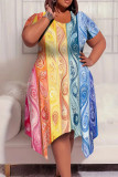 Casual Print Patchwork O Neck Irregular Plus Size Dresses