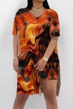 Casual Print Slit V Neck Short Sleeve Two Pieces