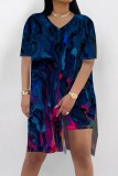 Casual Print Slit V Neck Short Sleeve Two Pieces