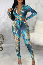 Casual Print Buckle Patchwork Turndown Collar Long Sleeve Two Pieces