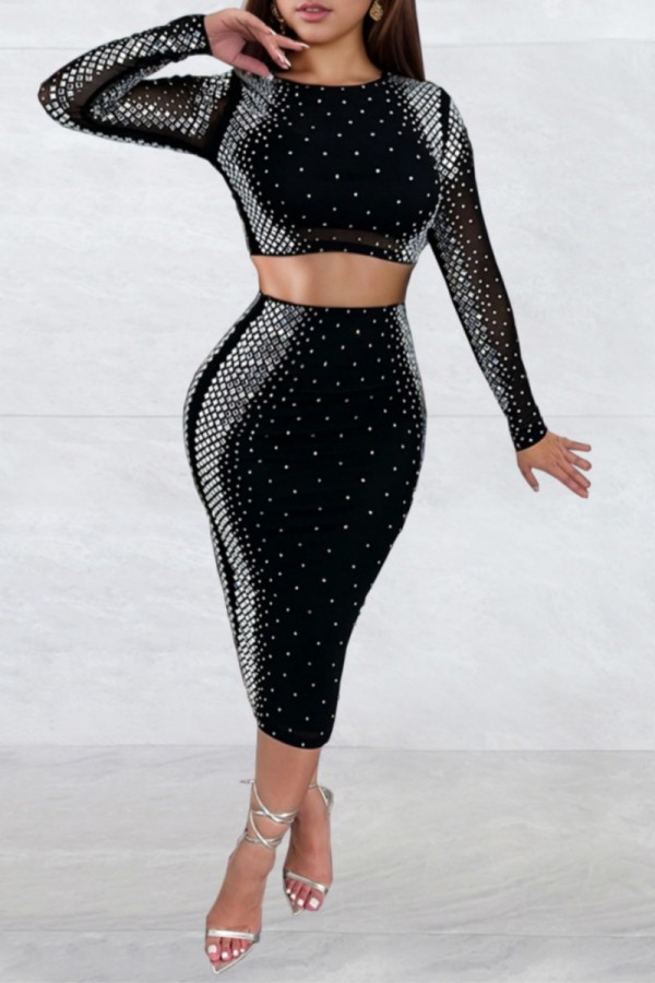 Sexy Patchwork Hot Drill O Neck Long Sleeve Two Pieces