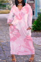 Casual Floral Print Basic V Neck Long Plus Size Dresses
