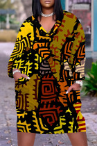 Casual Street Colorblock Geometric Print Pocket Contrast V Neck Printed Plus Size Dresses