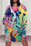 Casual Street Colorblock Geometric Print Pocket Contrast V Neck Printed Plus Size Dresses