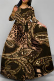 Elegant Striped Print Flowers Leopard Lace Up Contrast O Neck Printed Dresses