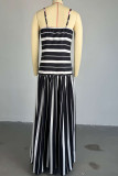 Elegant Stripe Patchwork Backless Spaghetti Strap Sling Dresses
