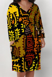 Casual Street Colorblock Geometric Print Pocket Contrast V Neck Printed Plus Size Dresses
