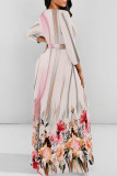 Elegant Striped Print Flowers Leopard Lace Up Contrast O Neck Printed Dresses
