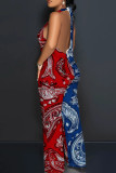 Casual Print Patchwork Backless Halter Loose Jumpsuits