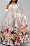 Elegant Striped Print Flowers Leopard Lace Up Contrast O Neck Printed Dresses