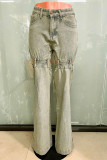 Casual Solid Color Hollow Out Distressed Pocket Patchwork High Waist Straight Denim Jeans