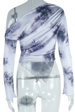 Casual Print Patchwork Oblique Collar Tops