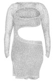 Sexy Solid Color Hollow Out Patchwork See-Through O Neck Wrapped Skirt Dresses