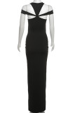 Sexy Solid Color Hollow Out Patchwork O Neck Long Dresses