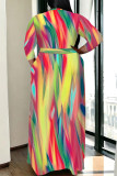Casual Street Colorblock Geometric Print Lace Up Contrast V Neck Printed Plus Size Dresses