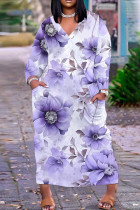 Casual Floral Print Pocket V Neck Long Plus Size Dresses