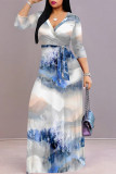 Casual Tie Dye Print Lace Up Contrast V Neck Printed Dresses
