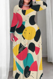 Casual Print Patchwork O Neck Long Plus Size Dresses