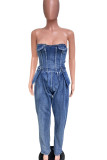 Casual Solid Color Pocket Patchwork Backless Strapless Loose Denim Jumpsuits