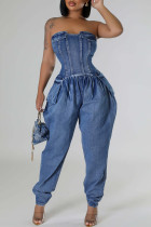 Casual Solid Color Pocket Patchwork Backless Strapless Loose Denim Jumpsuits