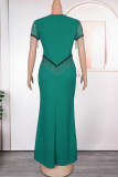 Elegant Solid Color Fringed Trim Hollow Out Patchwork Hot Drill Zipper O Neck Long Plus Size Dresses