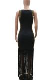 Elegant Fringed Trim Patchwork Hot Drill Zipper O Neck Long Dresses
