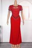Elegant Solid Color Fringed Trim Hollow Out Patchwork Hot Drill Zipper O Neck Long Plus Size Dresses