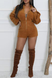 Casual Solid Color Patchwork Zipper Zipper Collar Regular Rompers