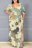 Sexy Floral Print Lace Up Slit Contrast V Neck Printed Plus Size Dresses