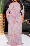 Casual Print Patchwork O Neck Long Plus Size Dresses