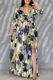 Sexy Floral Print Lace Up Slit Contrast V Neck Printed Plus Size Dresses