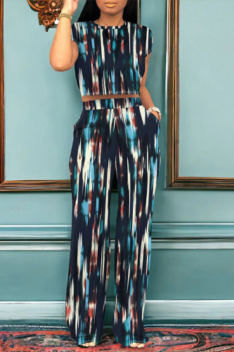 Casual Street Geometric Print Stripe Pocket Contrast O Neck Sleeveless Two Pieces