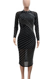 Elegant Solid Color Patchwork Slit Zipper O Neck Long Dresses