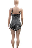 Sexy Solid Color Fringed Trim Patchwork Backless Hot Drill Spaghetti Strap Irregular Dresses