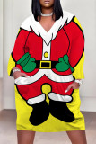 Casual Street Santa Claus Christmas Tree Print Pocket Contrast V Neck Printed Plus Size Dresses