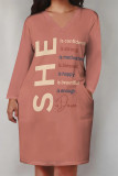 Casual Street Letter Print Pocket Contrast V Neck Printed Plus Size Dresses