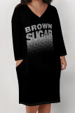 Casual Street Letter Print Pocket Contrast V Neck Printed Plus Size Dresses