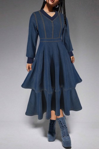 Casual Daily Solid Color Patchwork V Neck Long Sleeve High Waist Regular Denim Dresses