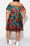 Sexy Striped Print Ruffle Contrast Off Shoulder Printed Plus Size Dresses