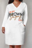 Casual Street Letter Print Pocket Contrast V Neck Printed Plus Size Dresses