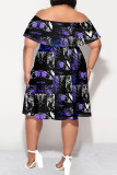 Sexy Striped Print Ruffle Contrast Off Shoulder Printed Plus Size Dresses