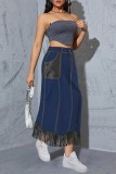 Casual Patchwork Pocket Fringed Hem High Waist Regular Denim Skirts