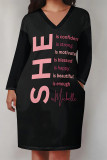 Casual Street Letter Print Pocket Contrast V Neck Printed Plus Size Dresses
