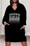 Casual Street Letter Print Pocket Contrast V Neck Printed Plus Size Dresses