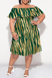 Sexy Striped Print Ruffle Contrast Off Shoulder Printed Plus Size Dresses